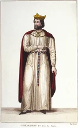 Retrato de Childebert I (v. 495-558) Rei de Paris. Gravura de 1830