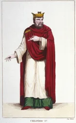 Retrato de Chilperic I (539 - 584), gravura Rei de Neustria 1830