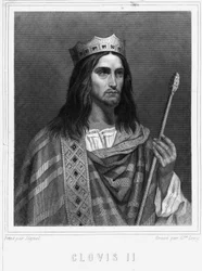 Retrato de Clovis II (? - 657), Rei de Neustria, Borgonha e Austrasie - em "Histoire des Français" de Lavallée, gravura, sd.
