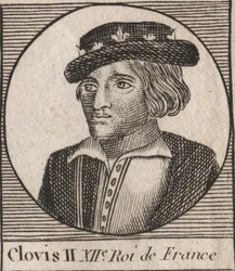 Retrato de Clovis II, Rei dos Francos (v.633-657) - Clovis II (c.634-657), Merovingian Frankish King of Neustria e Burgundy (639-657) - gravura de "Instruction sur l