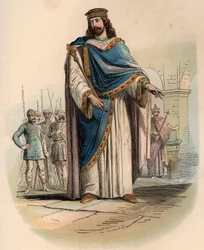 Retrato de Clóvis I (v. 466 - 511), Rei dos Francos. Gravura de 1868 em "Histoire de Belgique desde os tempos primitivos até ao fim do regimento de Leopoldo I" de Theodore Juste (1818-1888). Coleção privada.