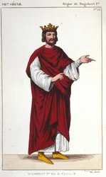 Retrato de Dagobert I (? - 639), Rei dos Francos, Dinastia dos Merovingianos gravada em 1830