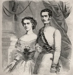 Retrato do Imperador Francisco José (Francisco José) I da Áustria (1830-1916) e sua esposa Isabel de Wittelsbach (1837-1898) (sissi). Gravura em "Le Monde illustrious" de 1857. Coleção privada.