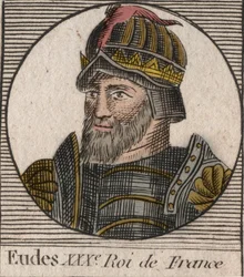 Retrato de Eudes (Odon) (v. 860 - 898), Conde de Paris e Troyes, depois Rei da França - Conde EUDES de Paris eleito ao trono francês após a deposição de Carlos Imperador - gravura de "Instruction sur l