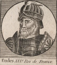 Retrato de Eudes (Odon) (v. 860 - 898), Conde de Paris e Troyes, depois Rei da França - Conde EUDES de Paris eleito ao trono francês após a deposição de Carlos Imperador - gravura de "Instruction sur l