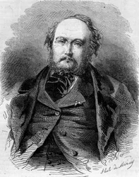 Retrato de Eugene Guinot (1812-1861), jornalista, romancista e dramaturgo francês. Também conhecido como Pierre Durand e Paul Vermond. Gravura em "Le Monde Illustré" n¡202 de 23 de Fevereiro de 1861.