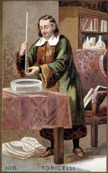 Retrato de Evangelista Torricelli ou Toricelli (1608-1647), físico italiano, com a sua invenção: o barómetro (tubo de mercúrio)