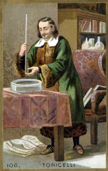 Retrato do Evangelista Torricelli ou Toricelli (1608 - 1647), físico italiano com sua invenção o Barômetro (tubo de mercúrio). Cromolitografia do século XIX.