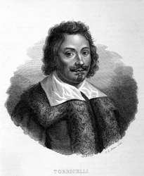 Retrato do Evangelista Torricelli ou Toricelli (1608 - 1647), físico italiano. Gravura italiana do século XIX