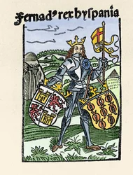 Retrato de Fernão I de Aragão, o Justo (1380-1416) rei de Espanha. Gravura de "De insulis in mare Indico super inventis", Bale 1493-1494 (tradução latina do relatório de Colombo ao Rei de Espanha).