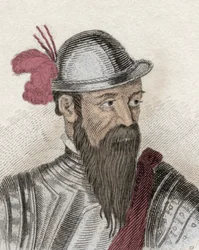 Retrato de Francisco Pizarro (François Pizarre, cerca de 1478-1541), conquistador espanhol. Gravura do século XIX.