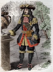 Retrato de Gabriel Nicolas de la Reynie (1625-1709) primeiro tenente-general de polícia de Paris" (Retrato de Gabriel-Nicolas de la Reynie fundador da primeira força policial moderna) Gravura da colecção privada do século XIX