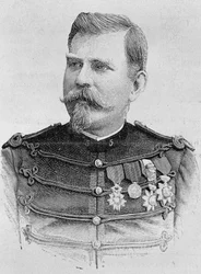 Retrato do General Joseph Joffre (1852 - 1931). Gravura do final do século XIX em "Histoire de France" de H. Martin.