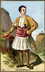 Retrato de George Gordon Noel, 6º Barão Byron, Lord Byron (1788 - 1824) vestido em grego. Cromolitografia do século XIX.