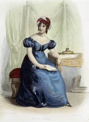 Retrato de Germaine Necker, Baronesa de Stael Holstein (Stael-Holstein) dit Madame de Stael (1766-1817) - em "Le Plutarque Français", ed. Mennechet
