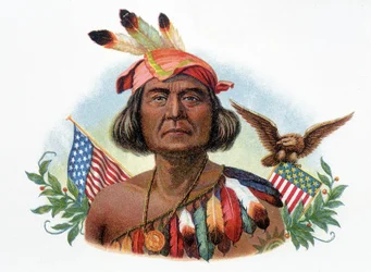 Retrato de Geronimo, chef Apache em frente às bandeiras americanas. Cromolitografia do século XIX.