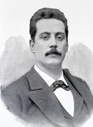 Retrato de Giacomo Puccini, compositor italiano (1858-1924), gravura do século XIX.