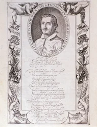 Retrato do compositor italiano Girolamo Frescobaldi (1583-1643) Gravura de frontispício da partitura "Tocrate". 1637. Bolonha, Museo civico Museo