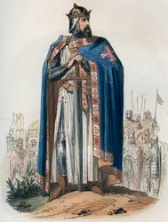 Retrato de Godefroy (Godefroi) de Bouillon (1061-1100) em traje cruzado. Gravura de 1868 em "Histoire de Belgique desde os tempos primitivos até o fim do regimento de Leopoldo I" de Theodore Juste (1818-1888). Coleção privada.