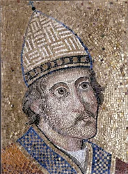 Retrato de Gregoire IX (1145 - 1241). Ele lutou contra Frederic II e organizou a Inquisição. Mosaico do século XIII da antiga abside de São Pedro. Museu de Roma.