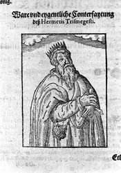 Retrato de Hermes Trimegiste (Trismegisto), astrólogo. Gravura de "Alchimia Nova", de Giovanni Battista Birelli