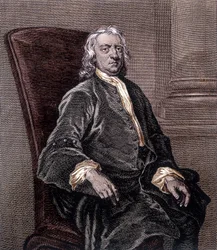 Retrato de Isaac Newton sentado numa poltrona - Gravura