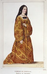 Retrato de Isabel de Portugal (1397-1472) Duquesa de Borgonha esposa de Filipe, o Bom. Gravura de 1830