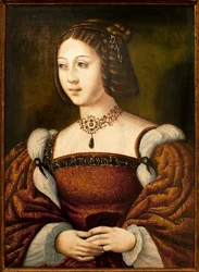 Retrato de Isabel de Portugal (1503-1539) - Pintura de um mestre anónimo, c. 1526, óleo sobre madeira, 40 x 29 cm, meados do século XVI - Museu de An