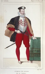 Retrato de Jacques de Savoie Nemours (1531-1585), Conde de Geneve e Duque de Nemours de 1533 a 1585. Gravura a partir de 1830.