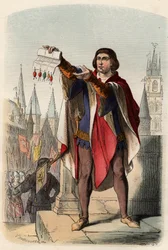 Retrato de Jacques ou Jacob van Artevelde (1287-1345) político flamengo. Gravura de 1868 em "Histoire de Belgique desde os tempos primitivos até o fim do regimento de Leopoldo I" de Theodore Juste (1818-1888). Coleção privada.