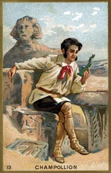 Retrato de Jean François (Jean-Francois) Champollion, dit le Jeune (1790 - 1832) Egiptólogo francês. Cromolitografia do século XIX.