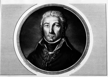Retrato de Jean Victor (Jean-Victor) Moreau (1763-1813) general da Armee du Rhine. Gravura em "Colecção completa de pinturas históricas da revolução francesa, em três volumes". 1804.