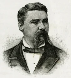Retrato de Jerome J. Collins, meteorologista da tripulação de La Jeannette, para a missão ao norte. Gravura para ilustrar "A Viagem da Jeannette" em 1879-1881, diário do Capitão G.W. De Long. Publicado em Le Tour du monde, nouveau journal des voya