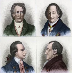Retrato de Johan Wolfgang Goethe (1749 - 1832), escritor alemão, tem idades diferentes em sua vida. Gravura do século XIX.