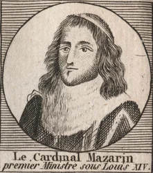 Retrato de Jules Mazarin (1602-1661), conhecido como cardeal Mazarin, primeiro-ministro sob Louis XIV - o cardeal Mazarin serviu como ministro chefe de Louis XIV - gravura de "Instruction sur l