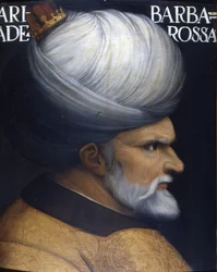 Retrato de Khayr Al-Din Barberousse (1476 -1546), fundador com seu irmão da Regência de Argel, foi o vassalo do sultão otomano e aliado da França contra a pintura do século XVI de Charles V. Museu Uffizi, Florença.