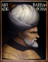 Retrato de Khayr Al-Din Barberousse (1476 -1546), fundador com seu irmão da Regência de Argel, foi o vassalo do sultão otomano e aliado da França contra a pintura do século XVI de Charles V. Museu Uffizi, Florença.