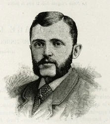Retrato de L. Newcomb, membro da tripulação de La Jeannette, para a missão no pólo norte. Gravura para ilustrar "A Viagem da Jeannette".