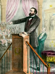 Retrato de Leon Gambetta (1838 - 1882) na galeria. Gravura do século XIX. Col. Go.