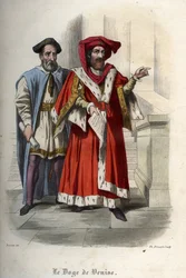 Retrato de Leonardo Loredan (Loredano) (1436-1521), doge da República de Veneza. Gravura de 1842 em "Histoire des popes", de Maurice Lachatre. Coleção particular.