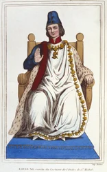 Retrato de Luís XI em traje da Ordem de São Michel (1423 - 1483). gravura a partir de 1830