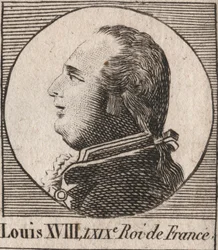 Retrato de Luís XVIII (1755-1824), apelidado de Desejo, Rei da França e Navarra de 1814 a 1815 e de 1815 a 1824 - Luís XVIII, conhecido como o Desejado, Rei da França - gravura de "Instruction sur l