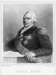 Retrato de Luís XVIII (1755 - 1824), Rei de França - em "Histoire des Français" de Lavallée, gravura, sd.