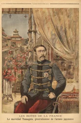 Retrato de Marechal Yamagata Aritomo (1838-1922), soldado e político japonês, comandou o primeiro exército do Japão durante a guerra contra a China em 1894. Gravura em "Le petit journal" 10/05/1896. A coleção de Selva.