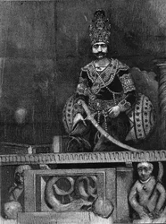 Retrato de Nasir Al-Din (Nasser al Din) (1831-1896) Xá da Pérsia em seu trono.