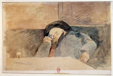 Retrato de Paul Verlaine (1844-1896), poeta francês, dormindo no café Procope, em Paris. Aquarela do século XIX. Paris, B. N.