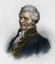Retrato de Pierre Simon, Marquês de Laplace, astrônomo (1749 - 1827), gravura de 1833.