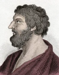 Retrato de Pittacos do estadista grego Mytilene (650-570 a.C.) (Pittacus of Mytilene). Gravura do século XIX.