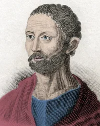 Retrato do filósofo grego Posidonios Stoician (135-51 AC) (Poseidonios, Poseidonios, Posidonios de Apamee, Posidonios de Rodes, Posidonius (em latim), Posidonius de Apamee, Posidonius de Rodes. Gravura do século XIX.
