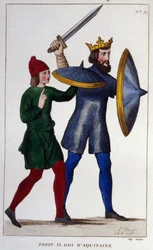 Retrato de Pépin II (823 - 864), Rei da Aquitânia. gravura a partir de 1830.